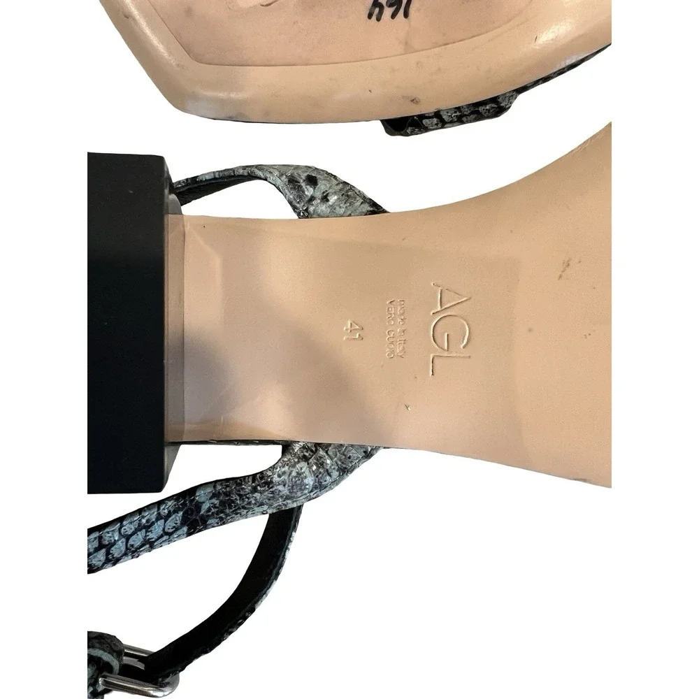 AGL Women's Angie Strap Sandals Size 41 Black Snakeskin‎ Block Heel 10